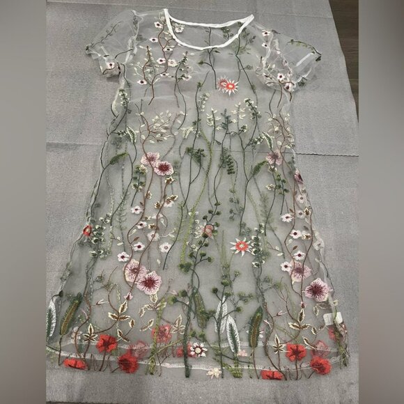 [M] Women Sexy Floral Embroidered See Through Dress Beach Coverups Juniors Dress - Picture 2 of 6